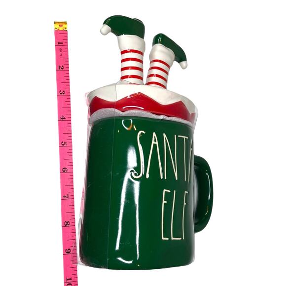 NEW Rae Dunn Santa's Helper Ceramic COFFEE MUG + TOPPER Cover Lid Elf Legs Green - Picture 3 of 5